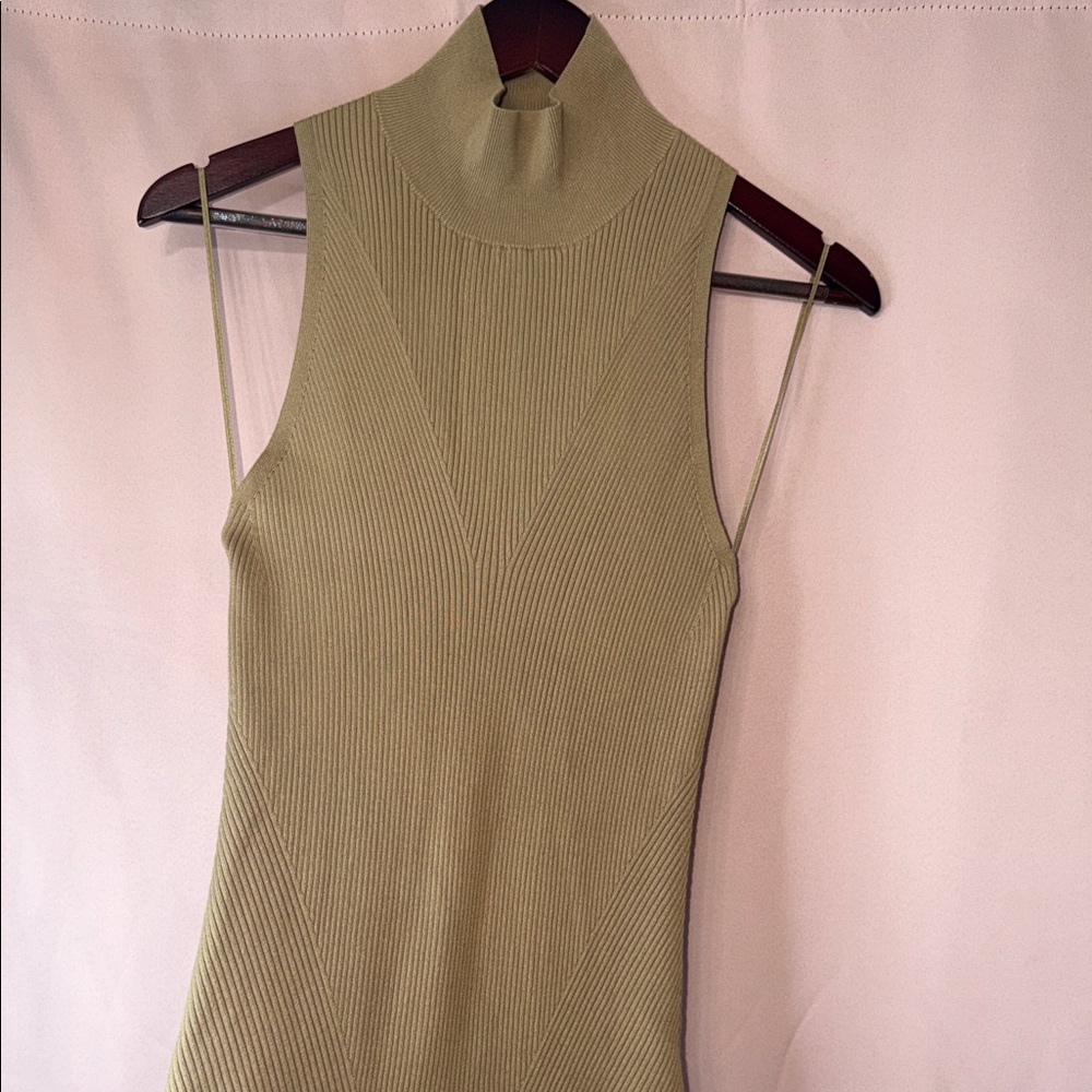 Sleeveless High-Neck Asymmetric Midi Dress in Camel - Picture 5 of 9